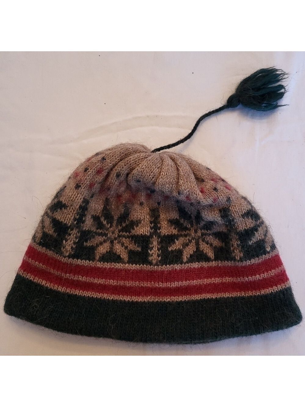 Nordic Knit Beanie with Pom Pom - Green, Beige and Red